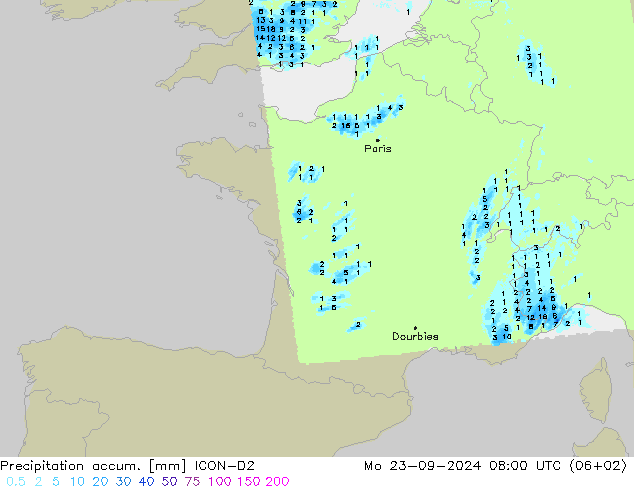 Precipitation accum. ICON-D2 Mo 23.09.2024 08 UTC