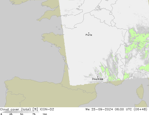 Cloud cover (total) ICON-D2 St 25.09.2024 06 UTC