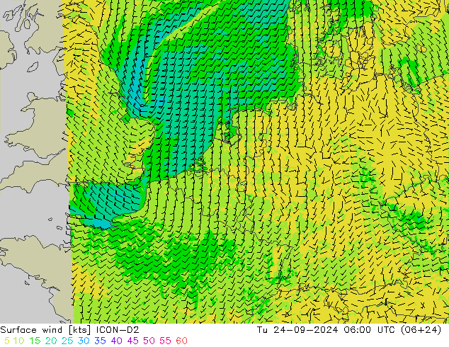 Surface wind ICON-D2 Út 24.09.2024 06 UTC