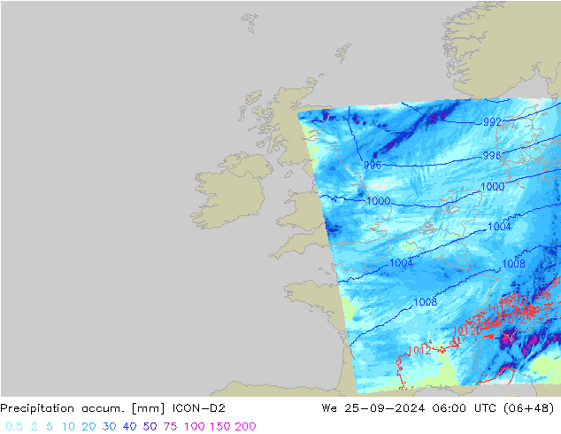 Precipitation accum. ICON-D2 We 25.09.2024 06 UTC