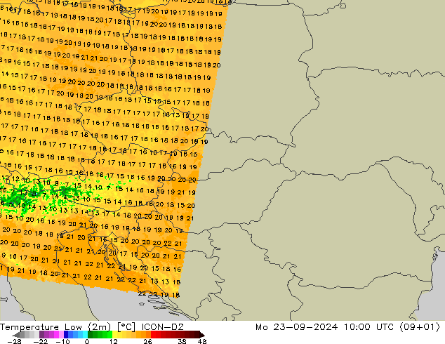 Temp. minima (2m) ICON-D2 lun 23.09.2024 10 UTC