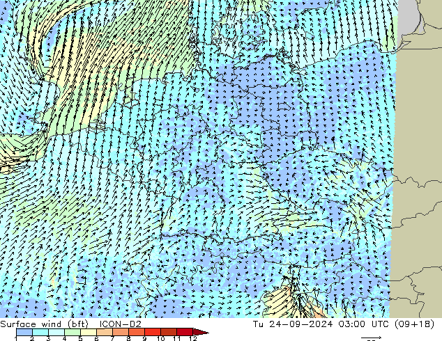 10 m (bft) ICON-D2  24.09.2024 03 UTC