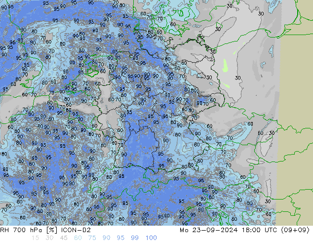 Humedad rel. 700hPa ICON-D2 lun 23.09.2024 18 UTC