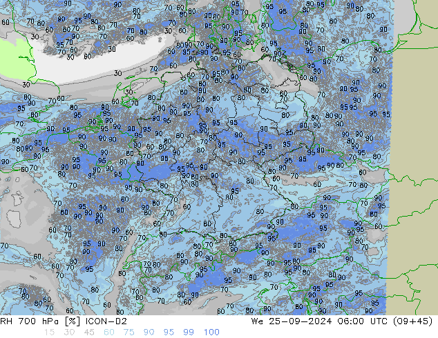 RH 700 hPa ICON-D2 śro. 25.09.2024 06 UTC