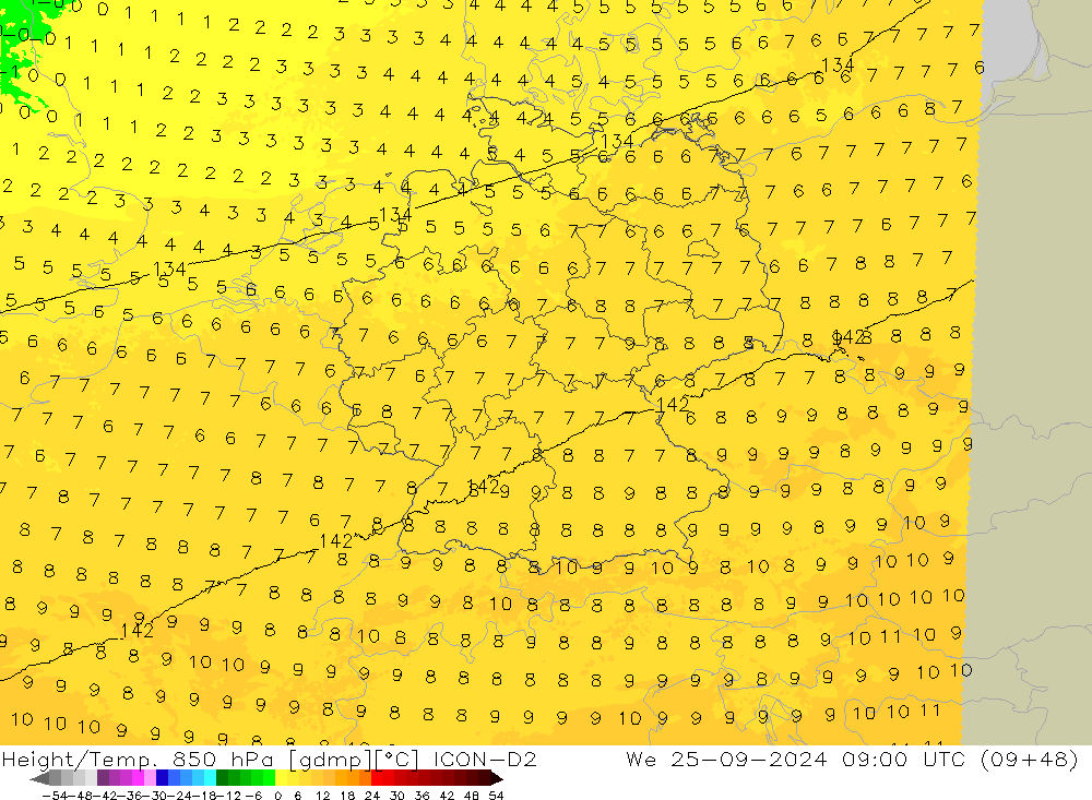 Height/Temp. 850 hPa ICON-D2 śro. 25.09.2024 09 UTC