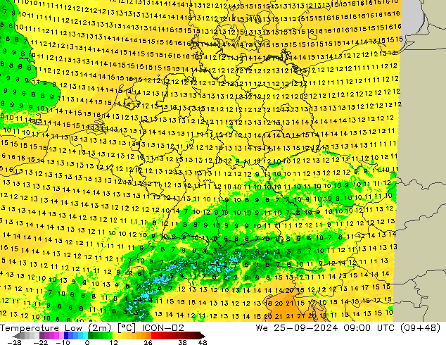 Min.temperatuur (2m) ICON-D2 wo 25.09.2024 09 UTC