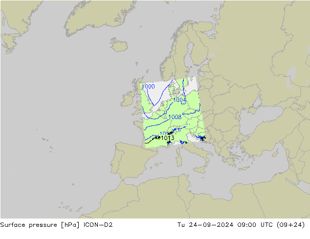 Surface pressure ICON-D2 Tu 24.09.2024 09 UTC