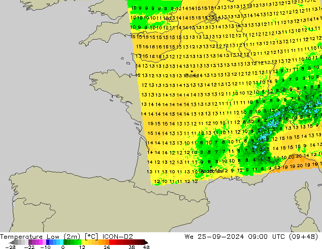 Min.temperatuur (2m) ICON-D2 wo 25.09.2024 09 UTC