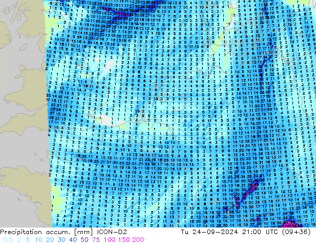 Precipitation accum. ICON-D2 Út 24.09.2024 21 UTC