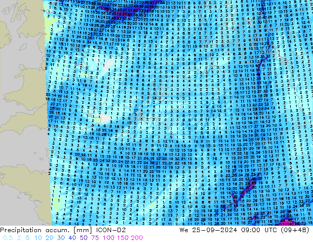 Précipitation accum. ICON-D2 mer 25.09.2024 09 UTC