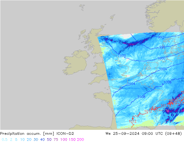 Precipitation accum. ICON-D2 We 25.09.2024 09 UTC