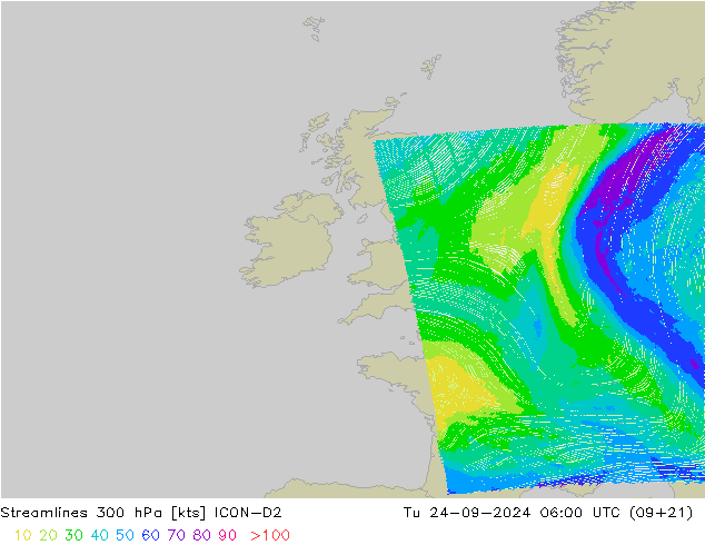 Streamlines 300 hPa ICON-D2 Tu 24.09.2024 06 UTC