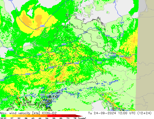 Max. wind velocity ICON-D2 вт 24.09.2024 12 UTC