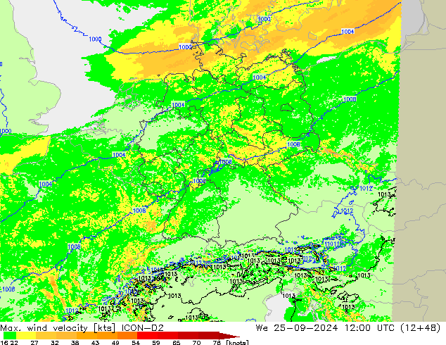 Max. wind velocity ICON-D2 mié 25.09.2024 12 UTC