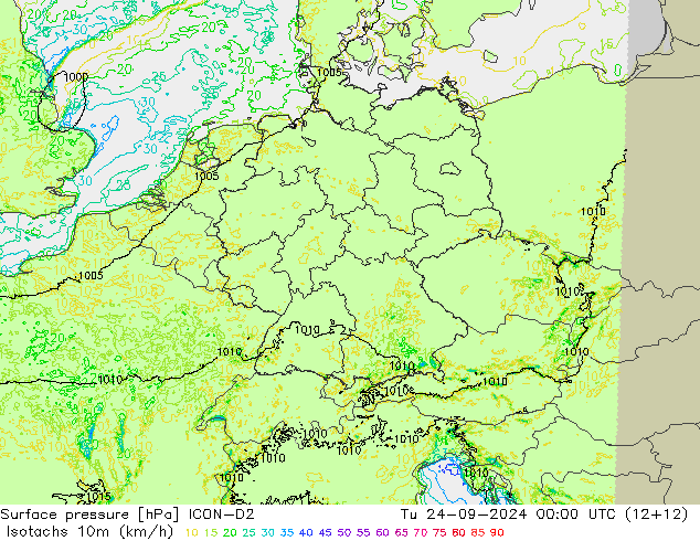 Isotachs (kph) ICON-D2  24.09.2024 00 UTC