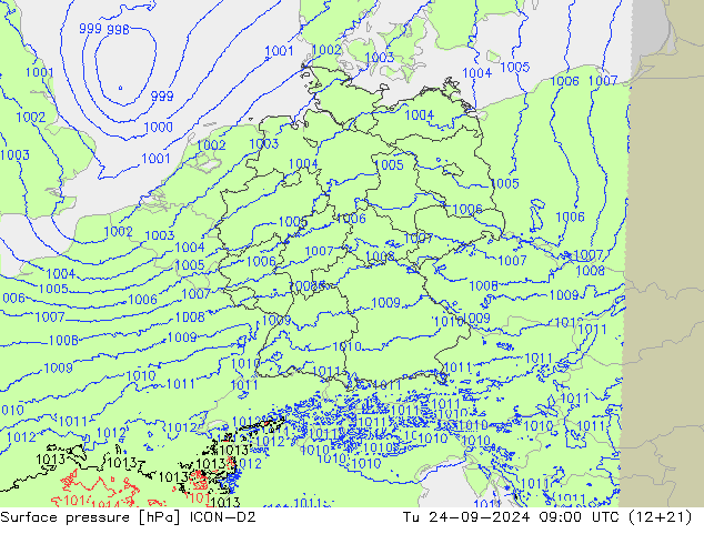 Pressione al suolo ICON-D2 mar 24.09.2024 09 UTC