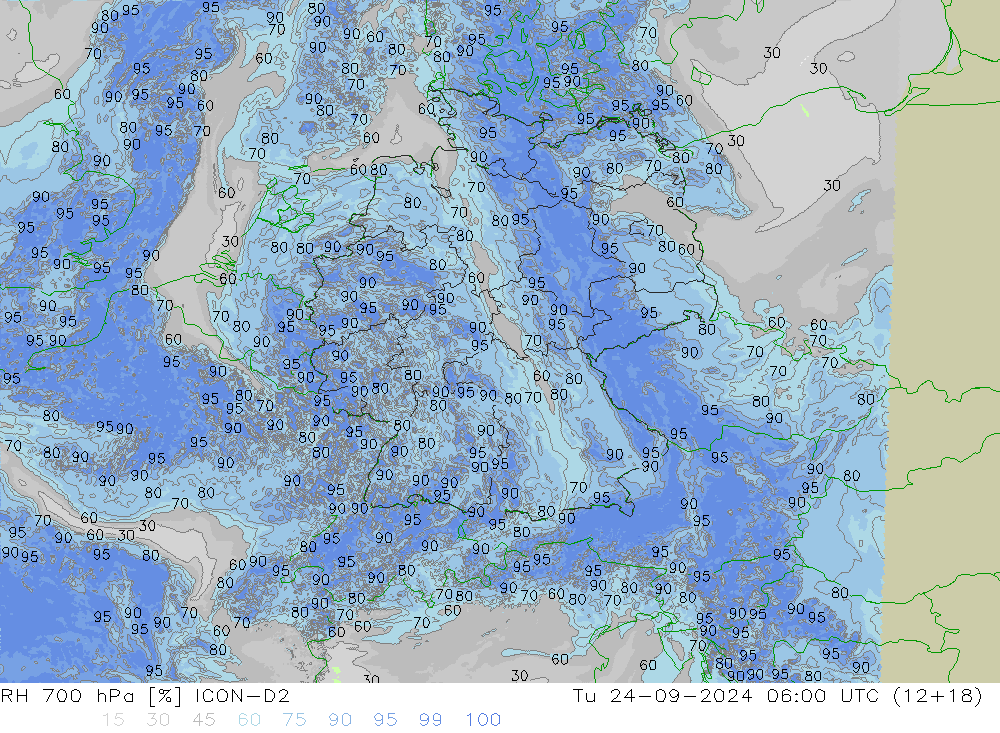 Humidité rel. 700 hPa ICON-D2 mar 24.09.2024 06 UTC