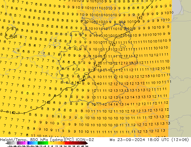 Height/Temp. 850 hPa ICON-D2 Mo 23.09.2024 18 UTC