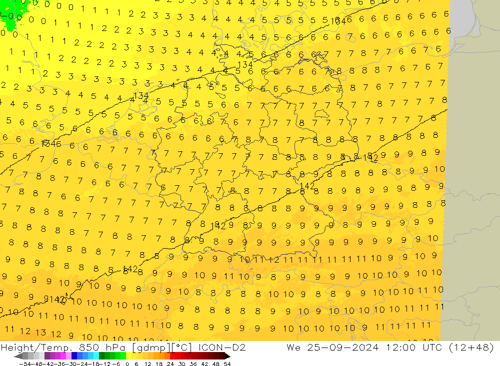 Géop./Temp. 850 hPa ICON-D2 mer 25.09.2024 12 UTC