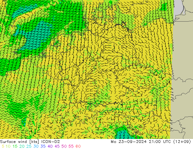 Vent 10 m ICON-D2 lun 23.09.2024 21 UTC