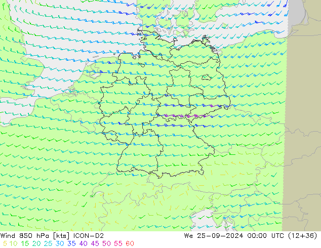 Wind 850 hPa ICON-D2 We 25.09.2024 00 UTC