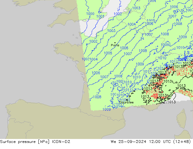 Surface pressure ICON-D2 We 25.09.2024 12 UTC