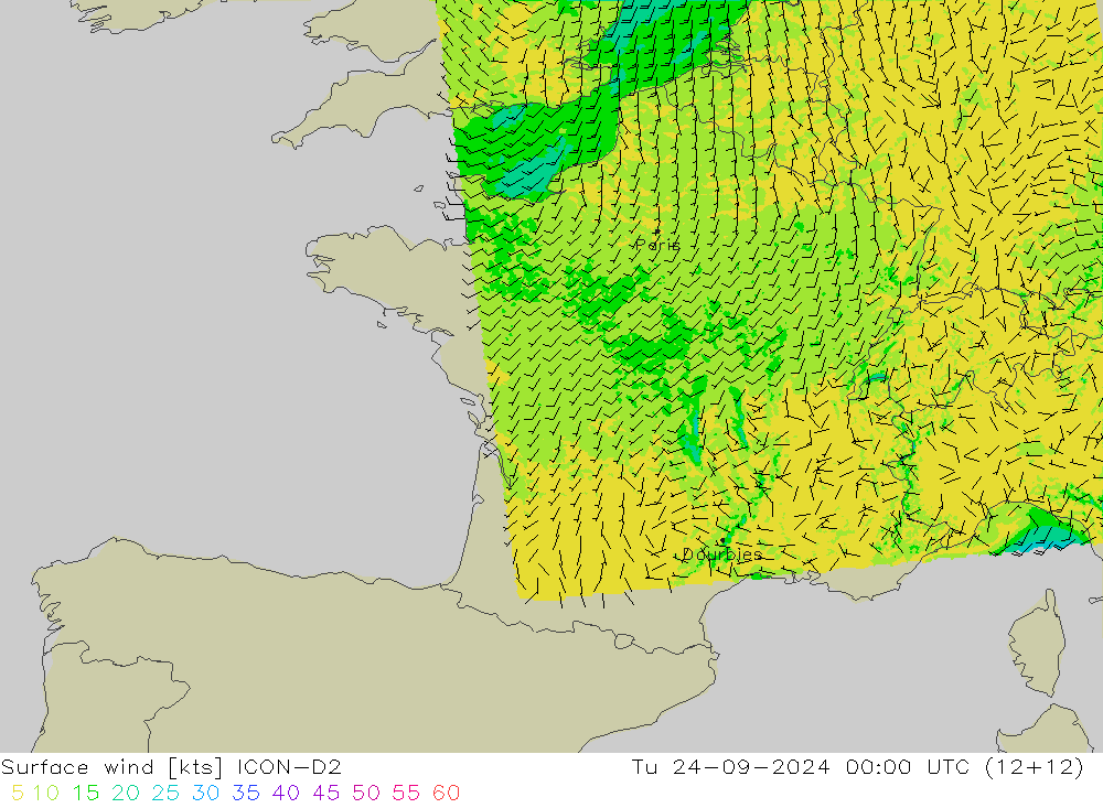 Surface wind ICON-D2 Tu 24.09.2024 00 UTC