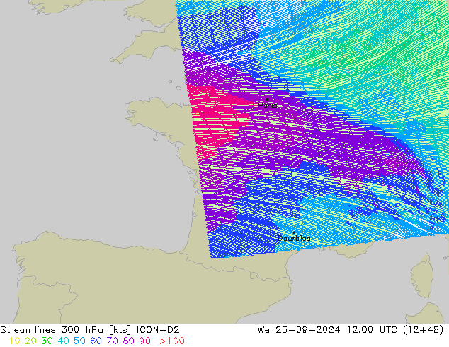 Linea di flusso 300 hPa ICON-D2 mer 25.09.2024 12 UTC