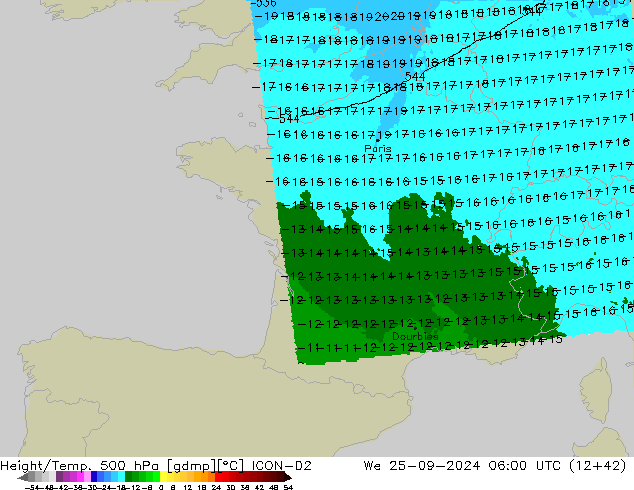 Height/Temp. 500 hPa ICON-D2 śro. 25.09.2024 06 UTC