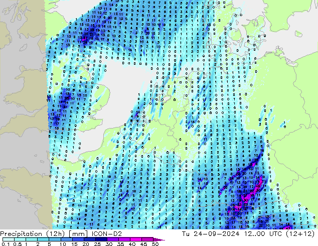 Totale neerslag (12h) ICON-D2 di 24.09.2024 00 UTC