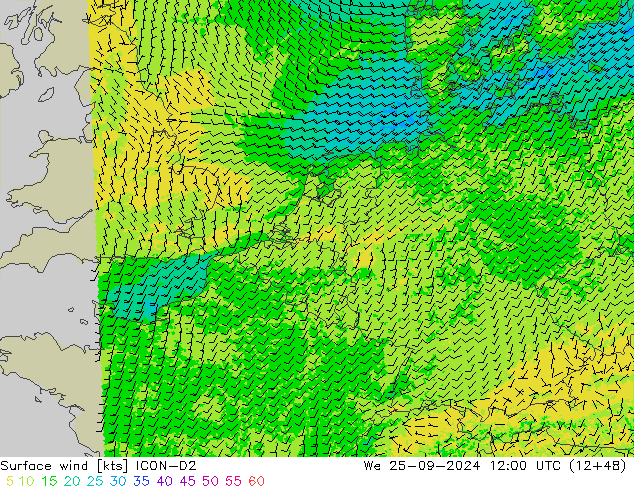 wiatr 10 m ICON-D2 śro. 25.09.2024 12 UTC