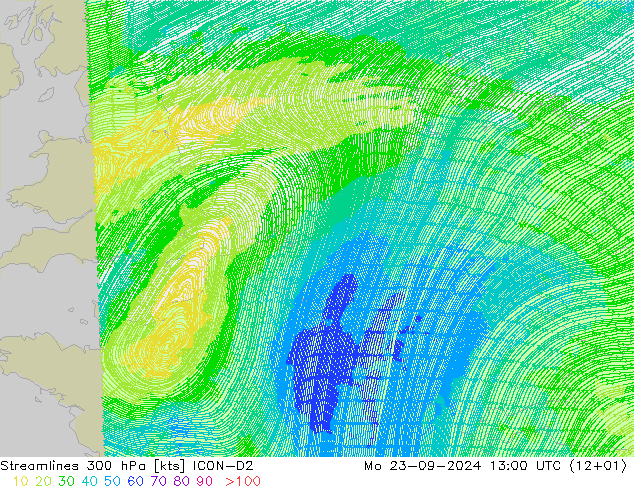 Stroomlijn 300 hPa ICON-D2 ma 23.09.2024 13 UTC