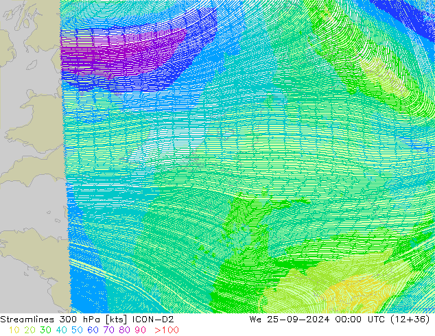 Streamlines 300 hPa ICON-D2 St 25.09.2024 00 UTC