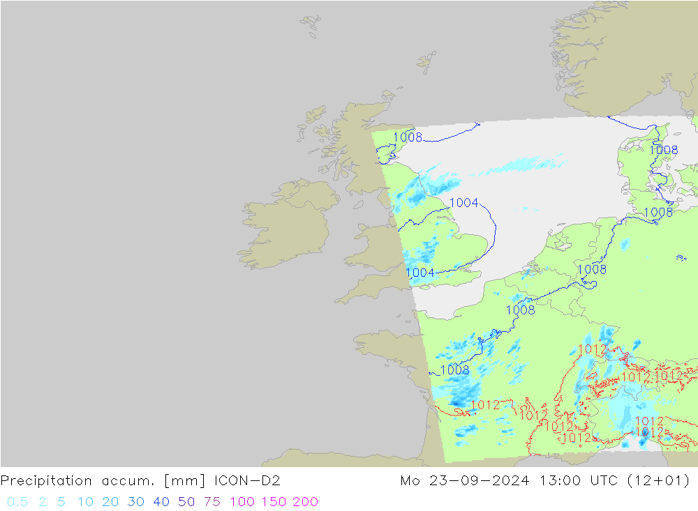 Precipitation accum. ICON-D2 pon. 23.09.2024 13 UTC