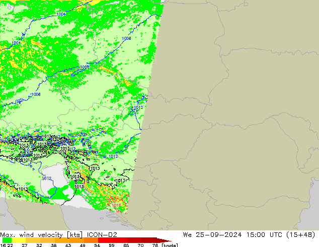 Max. wind velocity ICON-D2 Qua 25.09.2024 15 UTC