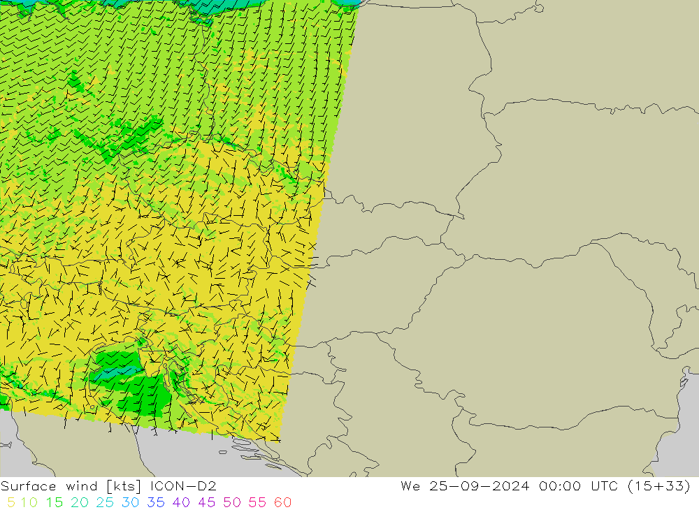 Surface wind ICON-D2 St 25.09.2024 00 UTC