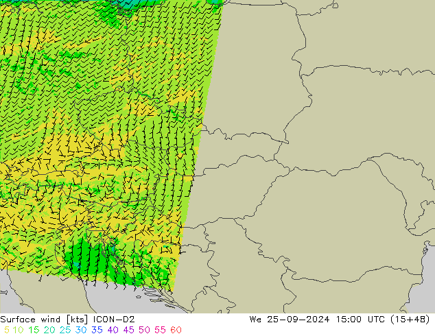 Vento 10 m ICON-D2 mer 25.09.2024 15 UTC