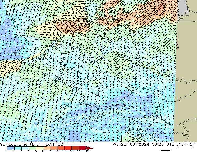 Wind 10 m (bft) ICON-D2 wo 25.09.2024 09 UTC