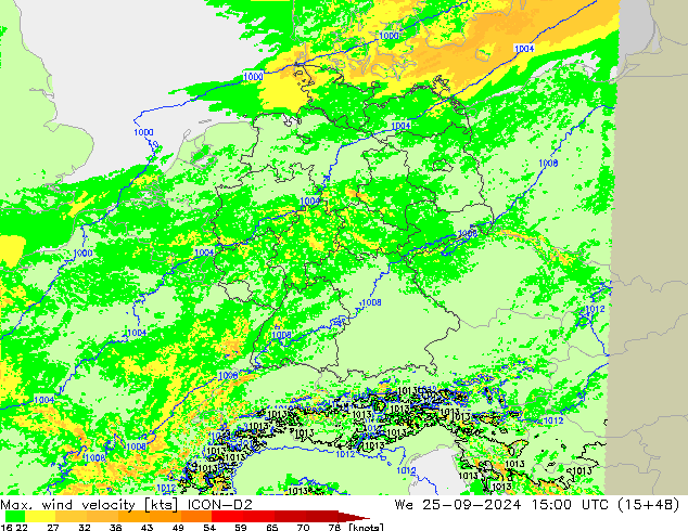 Max. wind snelheid ICON-D2 wo 25.09.2024 15 UTC