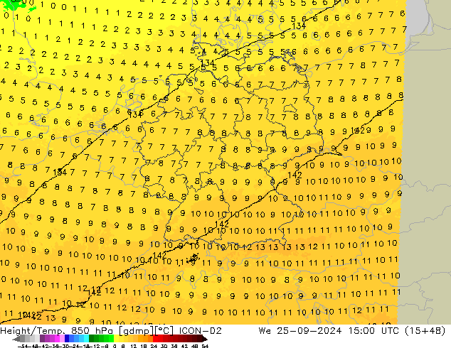 Géop./Temp. 850 hPa ICON-D2 mer 25.09.2024 15 UTC