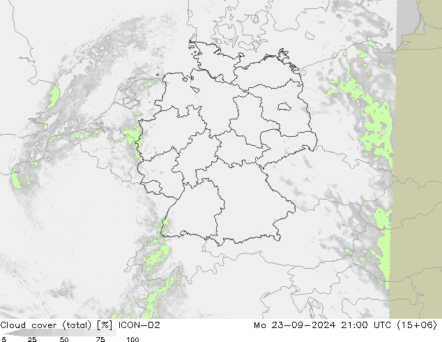 Cloud cover (total) ICON-D2 Mo 23.09.2024 21 UTC