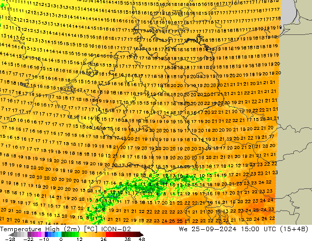 temperatura máx. (2m) ICON-D2 Qua 25.09.2024 15 UTC