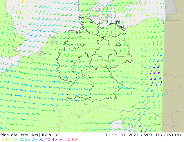 Wind 850 hPa ICON-D2 Tu 24.09.2024 06 UTC