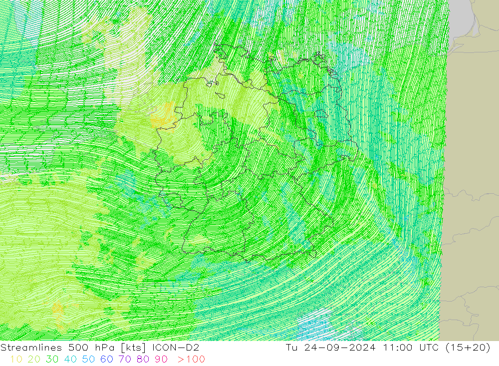 Streamlines 500 hPa ICON-D2 Tu 24.09.2024 11 UTC