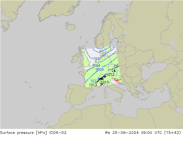 Presión superficial ICON-D2 mié 25.09.2024 09 UTC