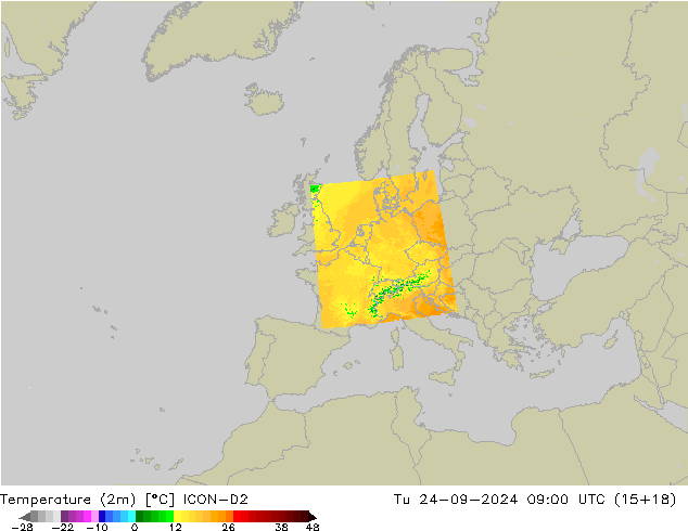 Temperature (2m) ICON-D2 Út 24.09.2024 09 UTC