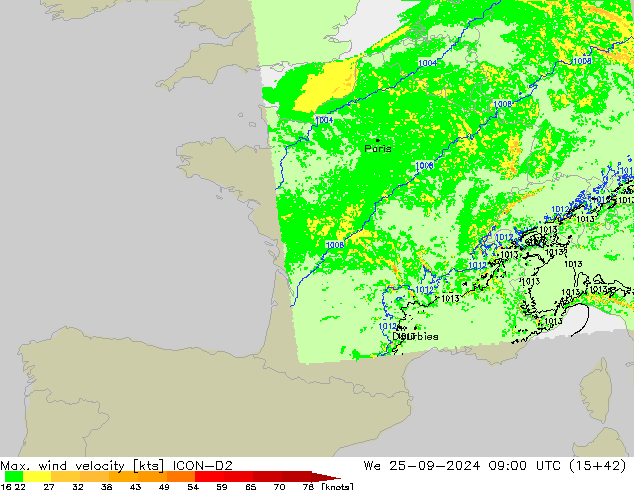 Max. wind velocity ICON-D2 śro. 25.09.2024 09 UTC