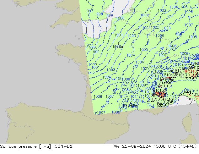 Presión superficial ICON-D2 mié 25.09.2024 15 UTC