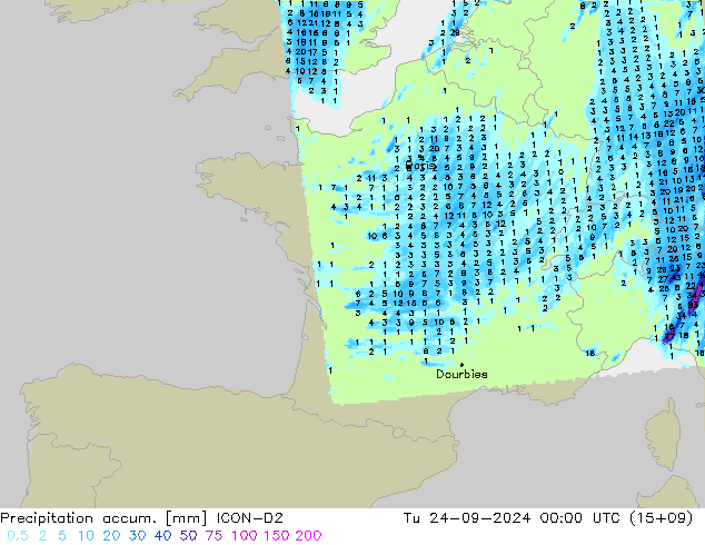 Precipitation accum. ICON-D2 Tu 24.09.2024 00 UTC