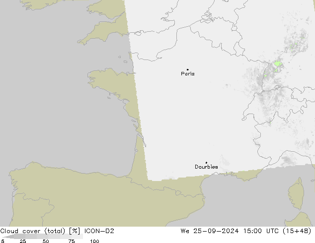 Cloud cover (total) ICON-D2 We 25.09.2024 15 UTC